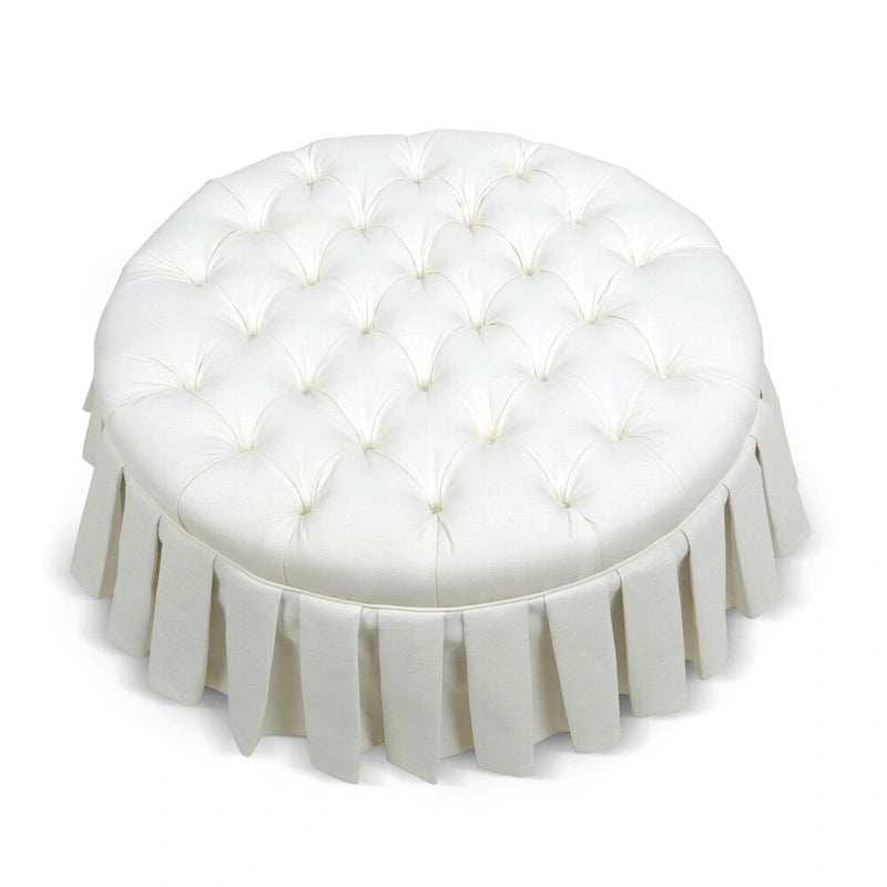 Round Button-Tufted Cocktail Ottoman with Pleated Skirt, Midnight Blue
