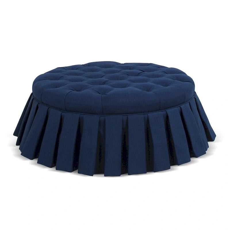 Pouf de cocktail rond capitonné avec jupe plissée, bleu nuit