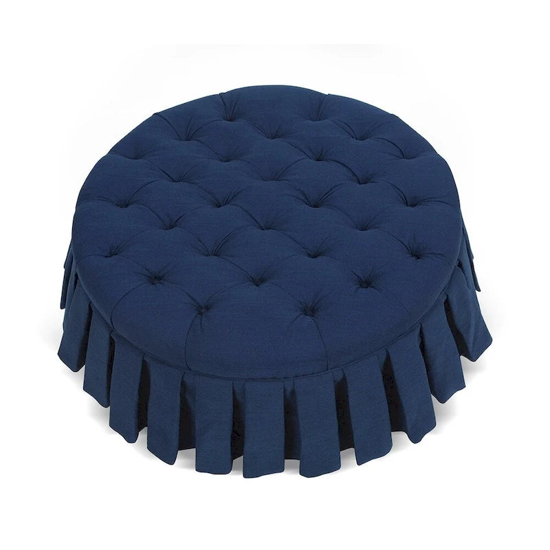 Pouf de cocktail rond capitonné avec jupe plissée, bleu nuit