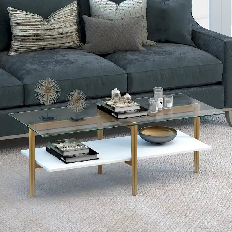 Mid-Century Glass Top Coffee Table with Gold Legs and White Shelf