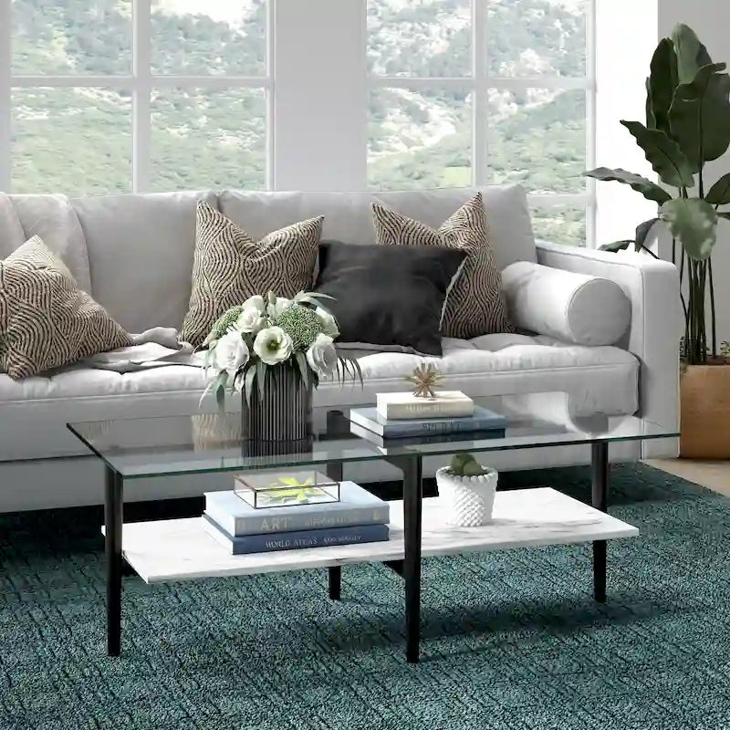 Mid-Century Glass Top Coffee Table with Gold Legs and White Shelf