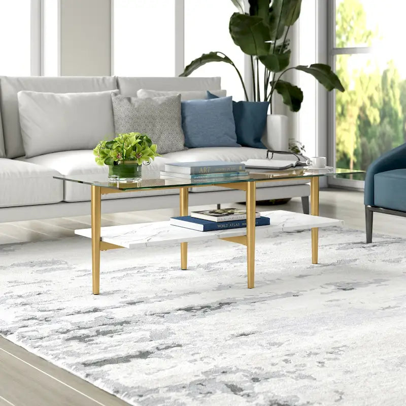 Mid-Century Glass Top Coffee Table with Gold Legs and White Shelf