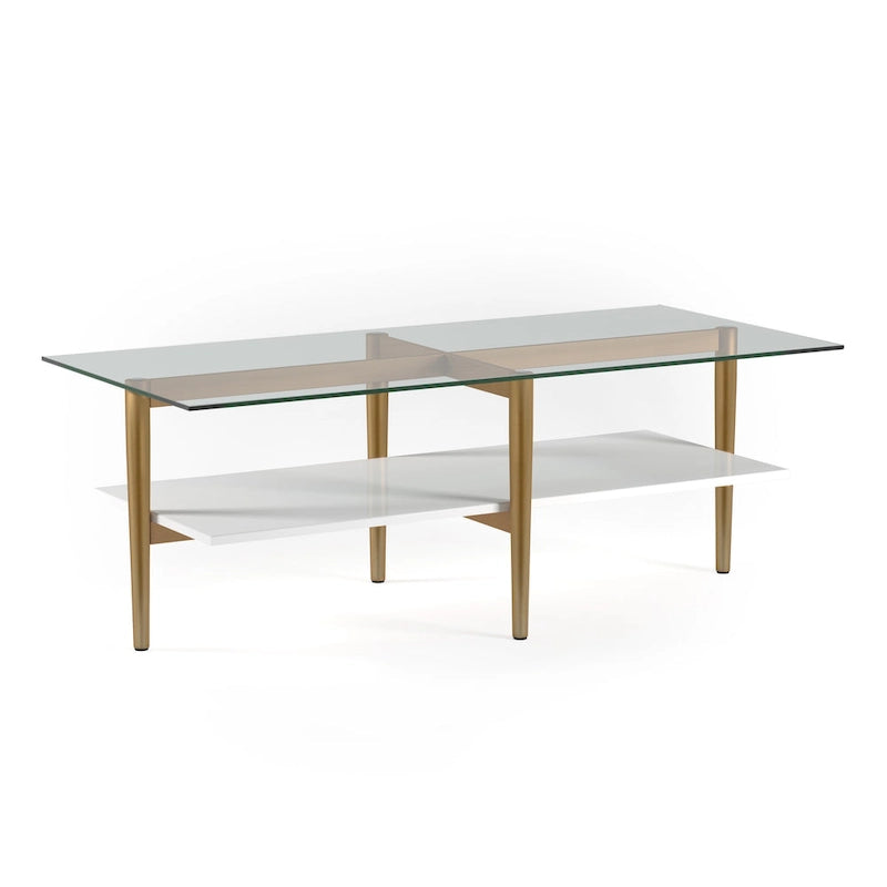 Mid-Century Glass Top Coffee Table with Gold Legs and White Shelf