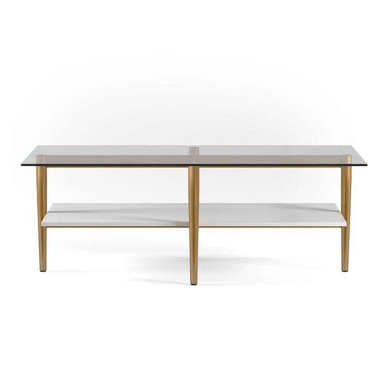 Mid-Century Glass Top Coffee Table with Gold Legs and White Shelf
