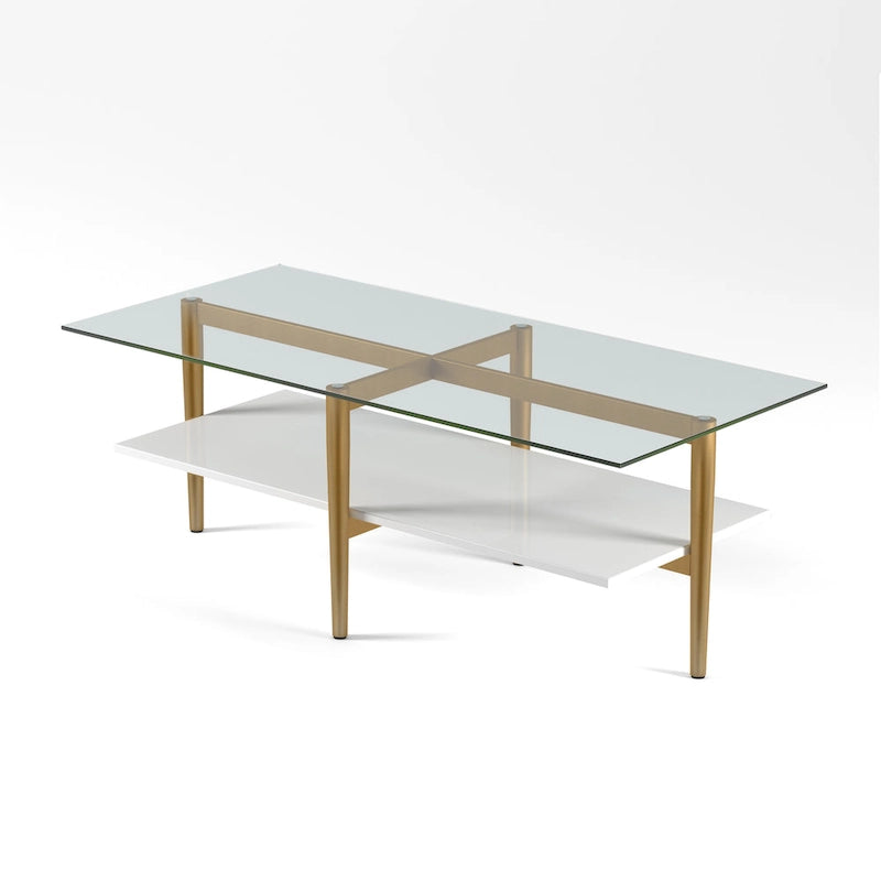Mid-Century Glass Top Coffee Table with Gold Legs and White Shelf