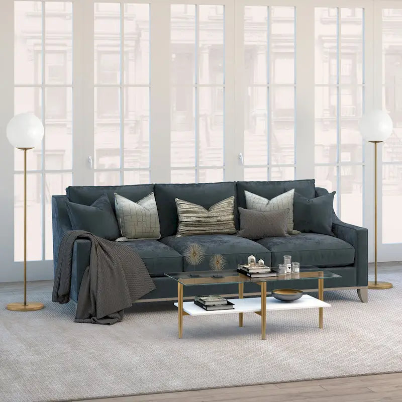 Mid-Century Glass Top Coffee Table with Gold Legs and White Shelf