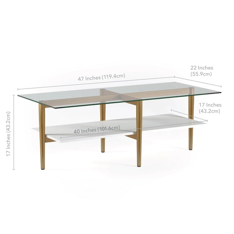 Table basse Mid-Century en verre avec pieds dorés et étagère blanche