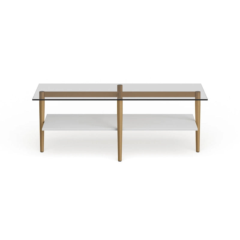 Table basse Mid-Century en verre avec pieds dorés et étagère blanche