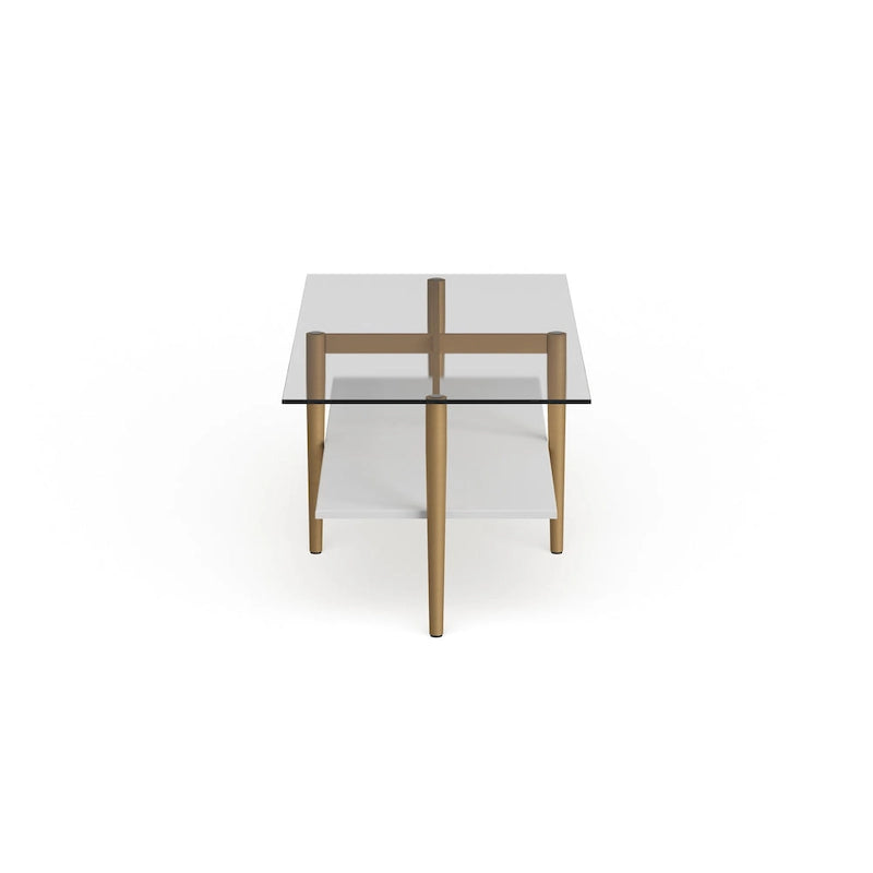 Table basse Mid-Century en verre avec pieds dorés et étagère blanche