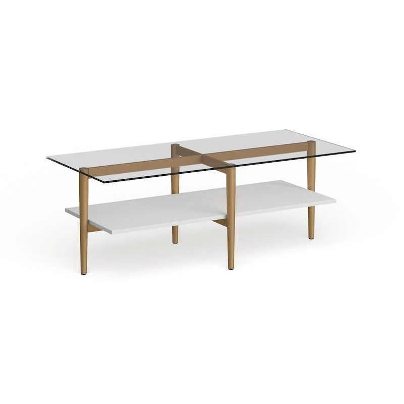Table basse Mid-Century en verre avec pieds dorés et étagère blanche
