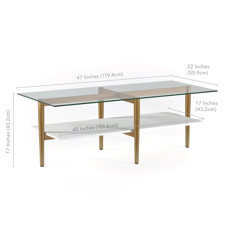 Table basse Mid-Century en verre avec pieds dorés et étagère blanche