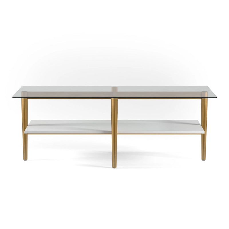 Table basse Mid-Century en verre avec pieds dorés et étagère blanche