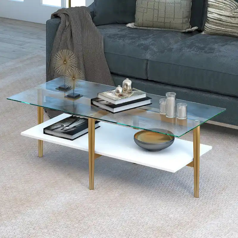 Table basse Mid-Century en verre avec pieds dorés et étagère blanche