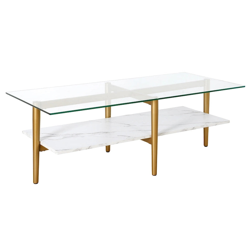 Table basse Mid-Century en verre avec pieds dorés et étagère blanche