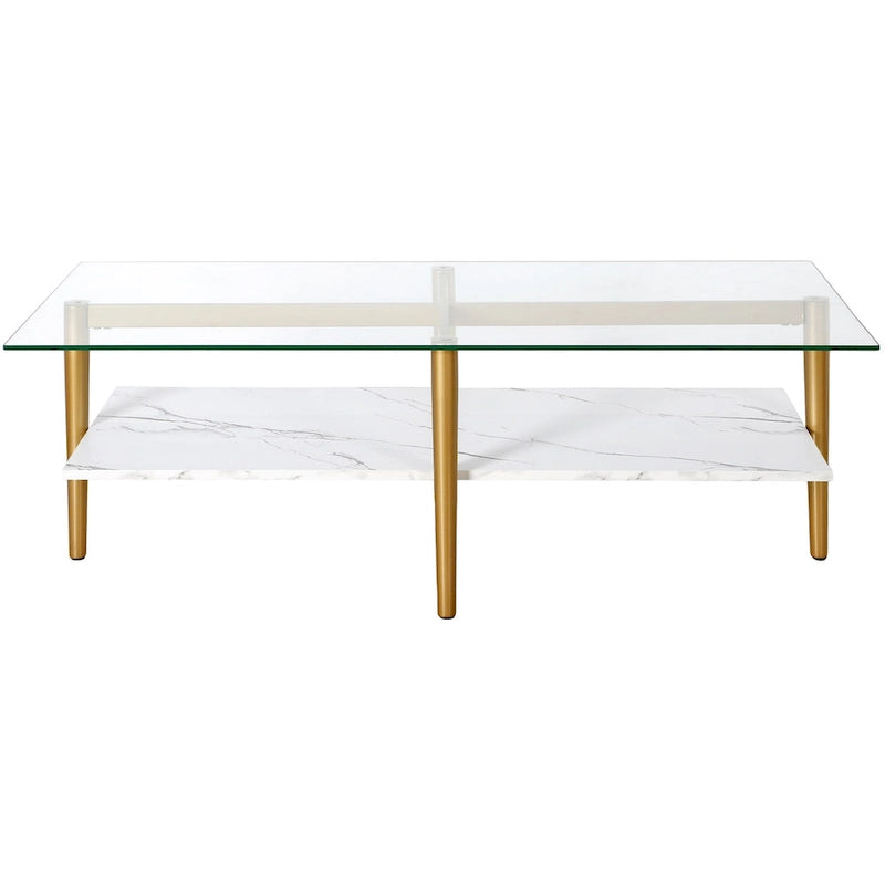 Table basse Mid-Century en verre avec pieds dorés et étagère blanche
