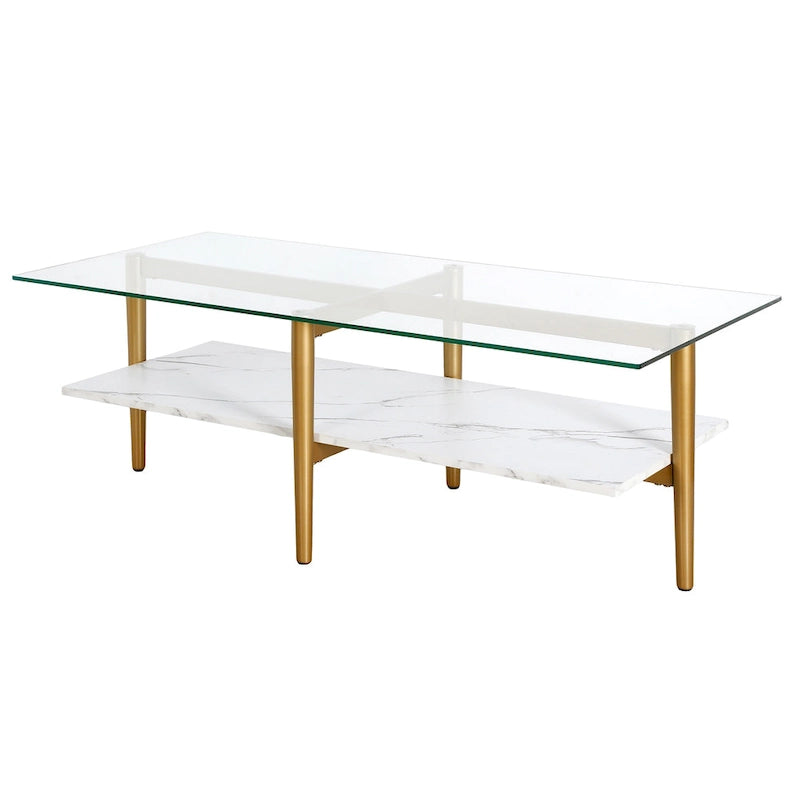 Table basse Mid-Century en verre avec pieds dorés et étagère blanche
