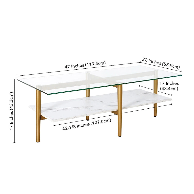 Table basse Mid-Century en verre avec pieds dorés et étagère blanche
