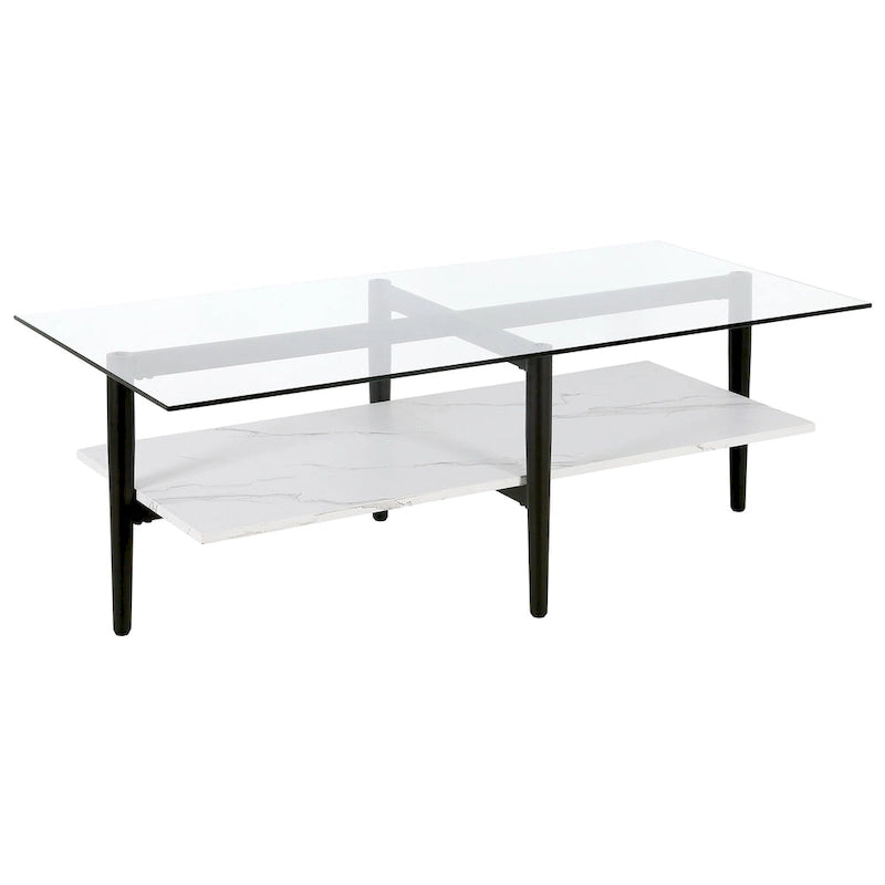 Table basse Mid-Century en verre avec pieds dorés et étagère blanche