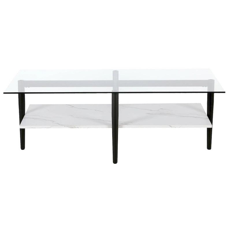 Table basse Mid-Century en verre avec pieds dorés et étagère blanche