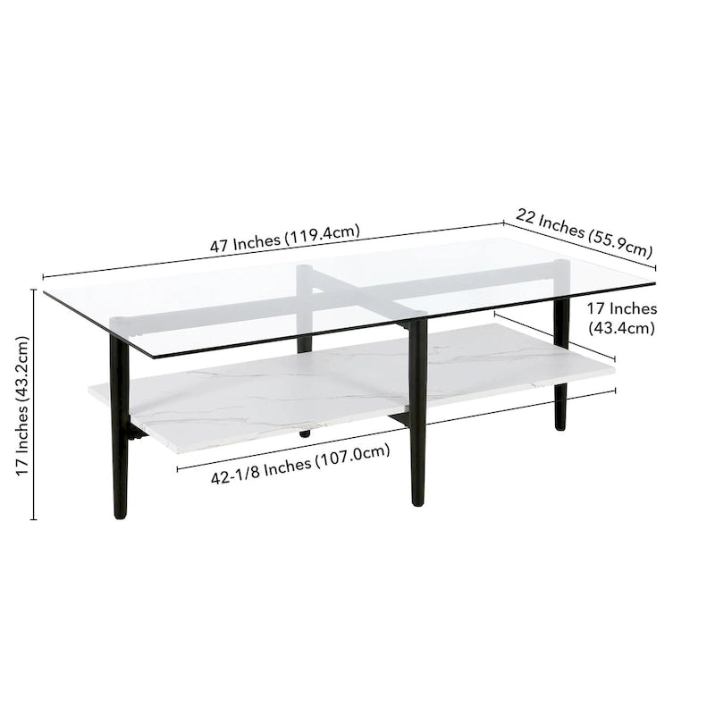 Table basse Mid-Century en verre avec pieds dorés et étagère blanche