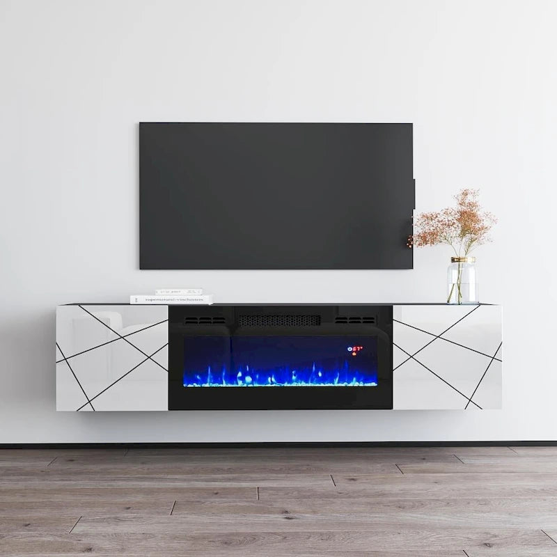 63" Floating TV Stand with Electric Fireplace Insert, High Gloss White