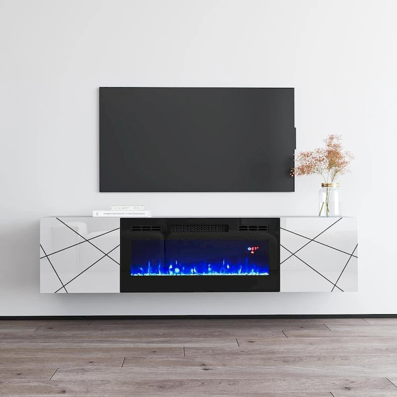 63" Floating TV Stand with Electric Fireplace Insert, High Gloss White