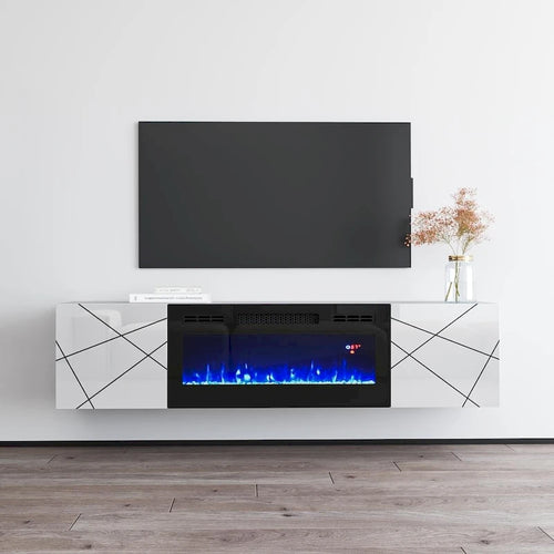 63" Floating TV Stand with Electric Fireplace Insert, High Gloss White