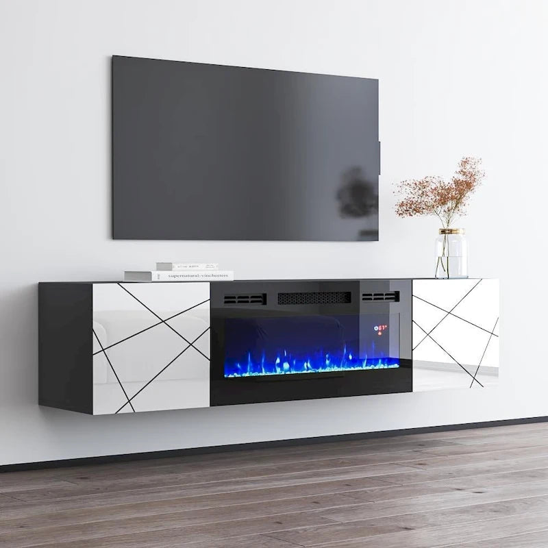 63" Floating TV Stand with Electric Fireplace Insert, High Gloss White