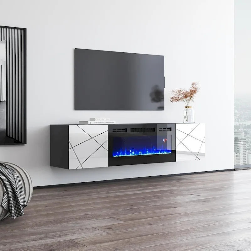 63" Floating TV Stand with Electric Fireplace Insert, High Gloss White