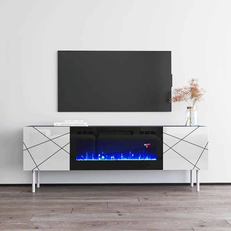 63" Floating TV Stand with Electric Fireplace Insert, High Gloss White
