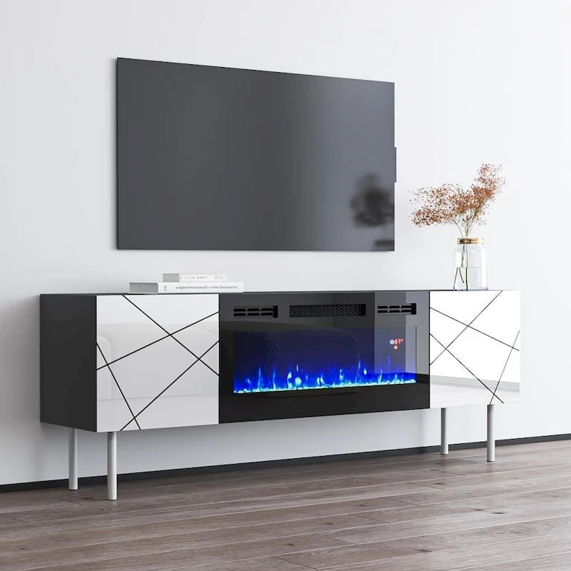 63" Floating TV Stand with Electric Fireplace Insert, High Gloss White
