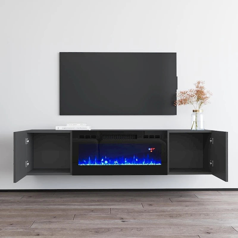 63" Floating TV Stand with Electric Fireplace Insert, High Gloss White