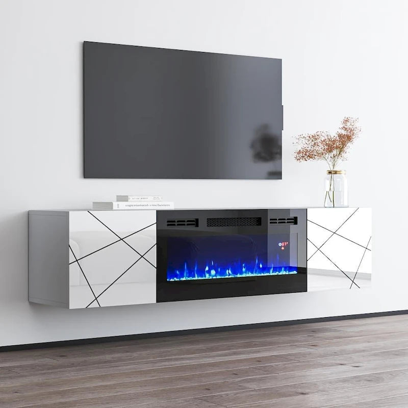 63" Floating TV Stand with Electric Fireplace Insert, High Gloss White