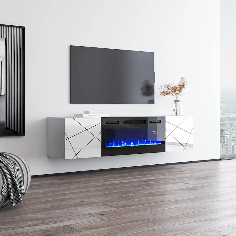 63" Floating TV Stand with Electric Fireplace Insert, High Gloss White