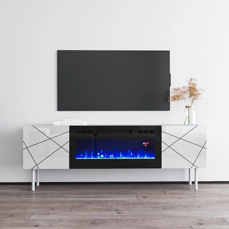 63" Floating TV Stand with Electric Fireplace Insert, High Gloss White