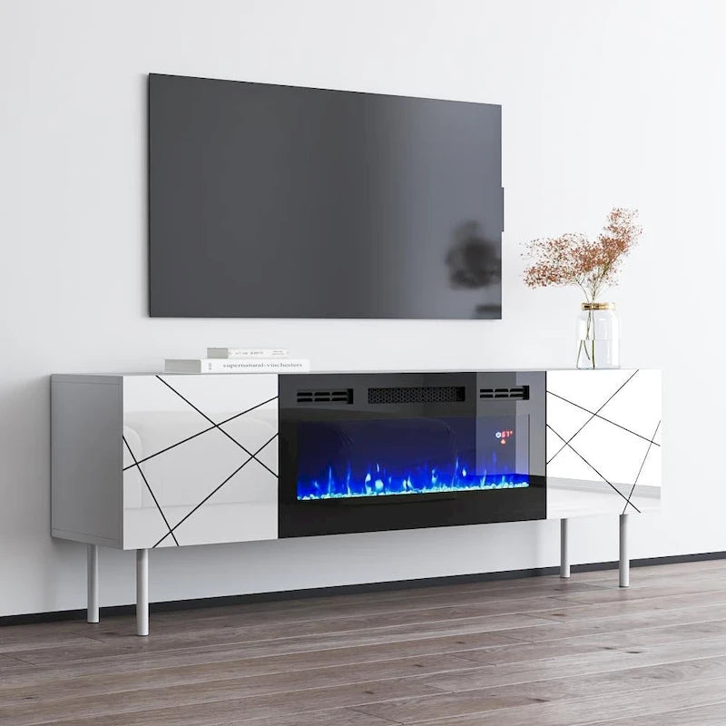 63" Floating TV Stand with Electric Fireplace Insert, High Gloss White