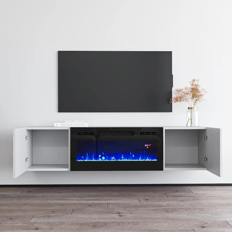63" Floating TV Stand with Electric Fireplace Insert, High Gloss White
