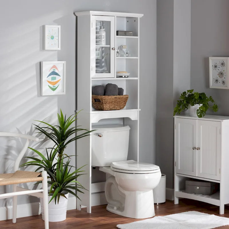 Meuble de Rangement de Salle de Bain Sur-WC avec Étagère Ouverte et Porte en Verre Blanc