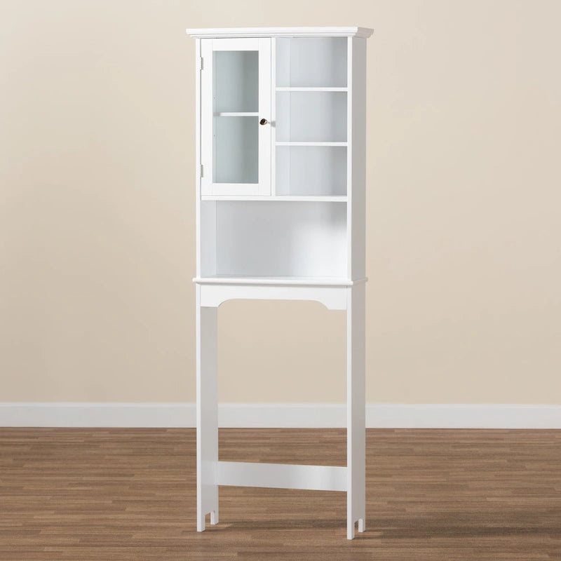 Meuble de Rangement de Salle de Bain Sur-WC avec Étagère Ouverte et Porte en Verre Blanc