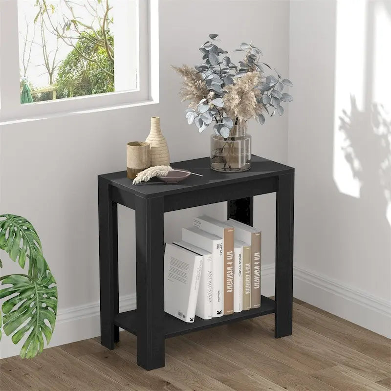 Modern Black Two-Tier MDF Side End Table with Open Storage Shelf