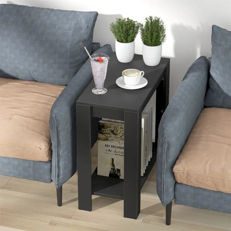 Modern Black Two-Tier MDF Side End Table with Open Storage Shelf