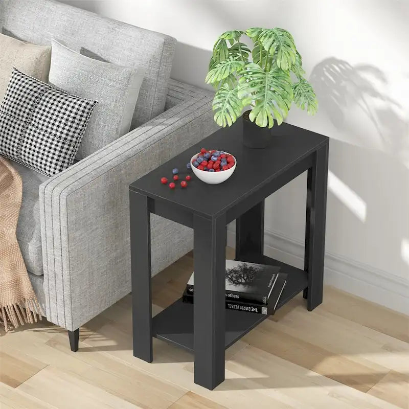 Table d'appoint à deux niveaux en MDF noir moderne avec étagère de rangement ouverte
