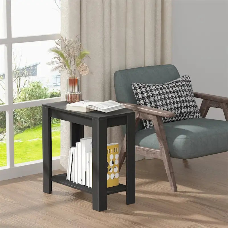 Table d'appoint à deux niveaux en MDF noir moderne avec étagère de rangement ouverte