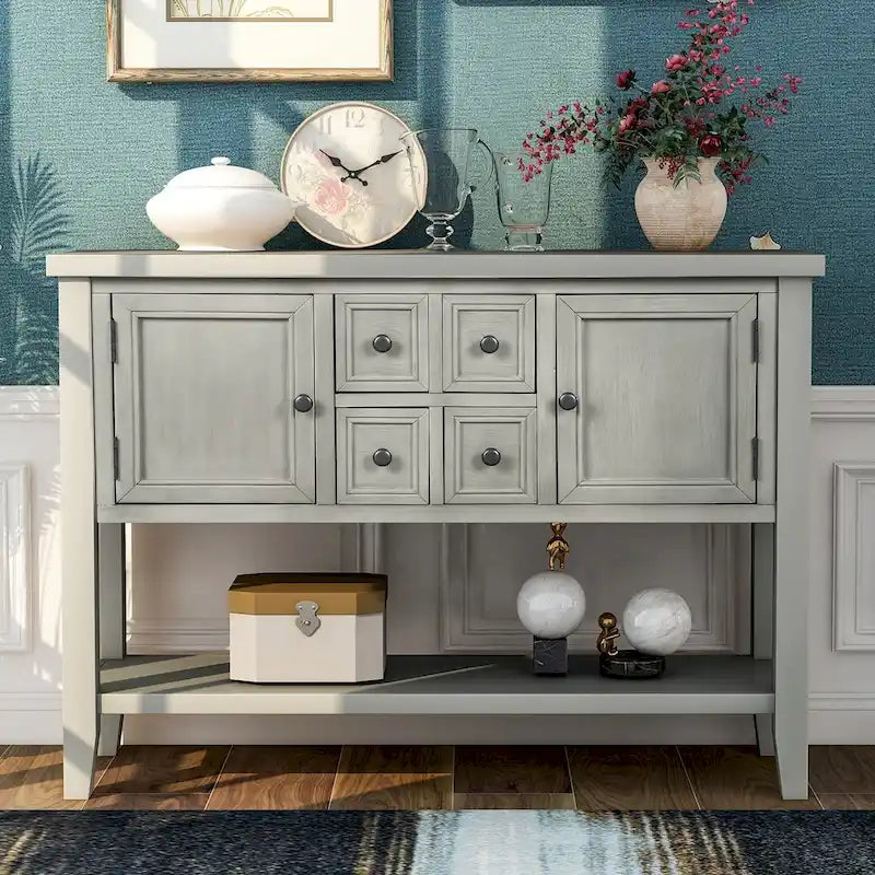 Distressed Finish Solid Wood Buffet Sideboard with Drawers Cabinets Open Shelf