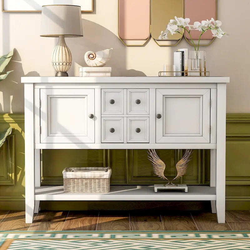 Distressed Finish Solid Wood Buffet Sideboard with Drawers Cabinets Open Shelf