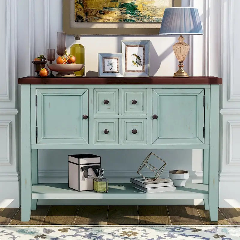 Distressed Finish Solid Wood Buffet Sideboard with Drawers Cabinets Open Shelf