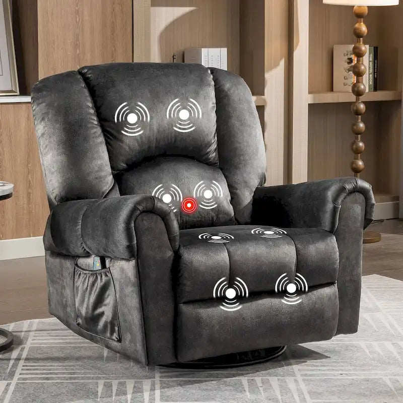 Oversized Massage Heat Swivel Rocking Recliner Chair with Side Pockets Brown Black