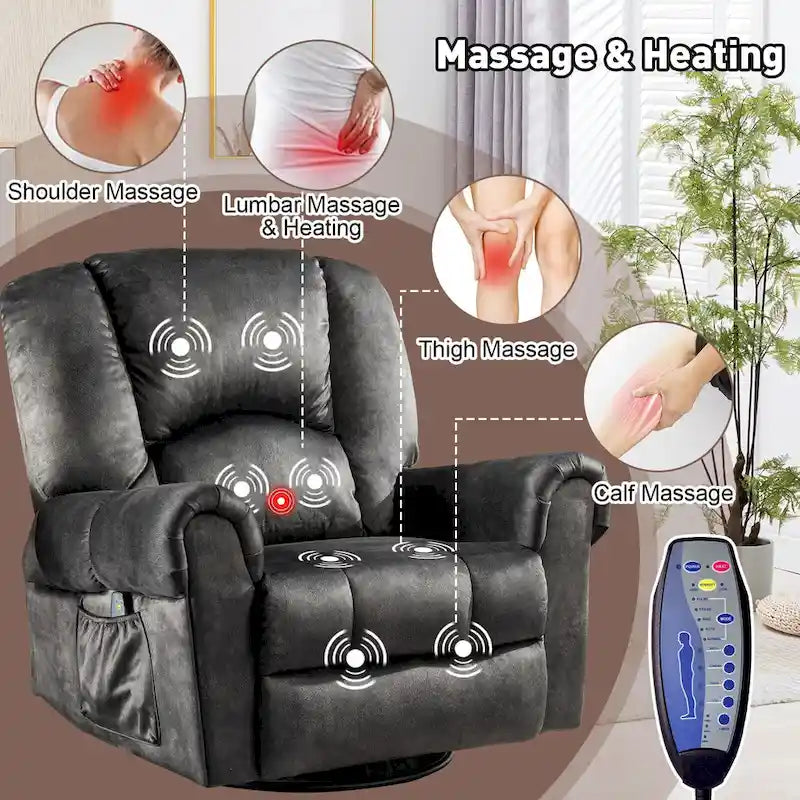 Oversized Massage Heat Swivel Rocking Recliner Chair with Side Pockets Brown Black