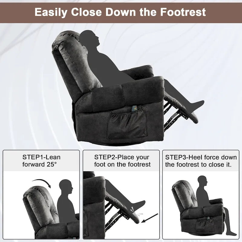 Fauteuil inclinable pivotant et basculant de massage chauffant surdimensionné avec poches latérales Marron Noir