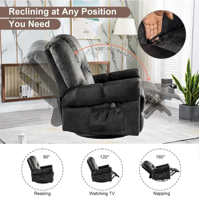 Oversized Massage Heat Swivel Rocking Recliner Chair with Side Pockets Brown Black